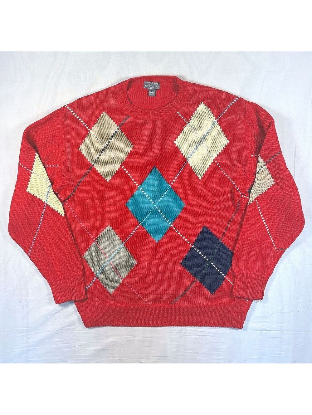 VTG 90s Lord and Taylor The Man's Shop Argyle Sweater Red 100% Cotton Size XL